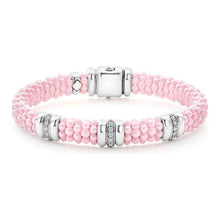Load image into Gallery viewer, Lagos Sterling Silver Pink Caviar Ceramic Triple Diamond Station Bracelet
