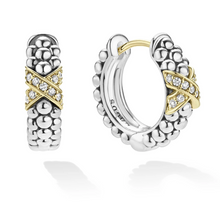 Load image into Gallery viewer, Lagos 18K & Sterling Silver Embrace X Station Diamond Huggie Earrings