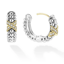 Load image into Gallery viewer, Lagos 18K & Sterling Silver Embrace X Station Diamond Huggie Earrings