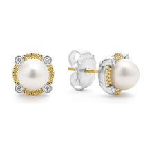 Load image into Gallery viewer, Lagos Sterling Silver & 18K Gold Luna Lux Pearl & Diamond Stud Earrings