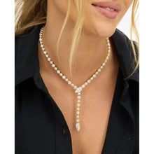 Load image into Gallery viewer, Gold She's Arrived Lariat Necklace in White Diamondettes