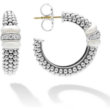 Load image into Gallery viewer, Lagos Sterling Silver White Caviar Ceramic Diamond Hoop Earrings