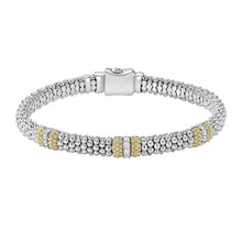 Load image into Gallery viewer, Lagos Sterling Silver and 18K YG Caviar Lux 3 Diamond Station 6mm Bracelet