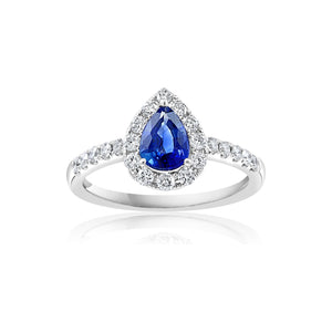 14K White Gold Pear Shape Sapphire & Diamond Halo Ring