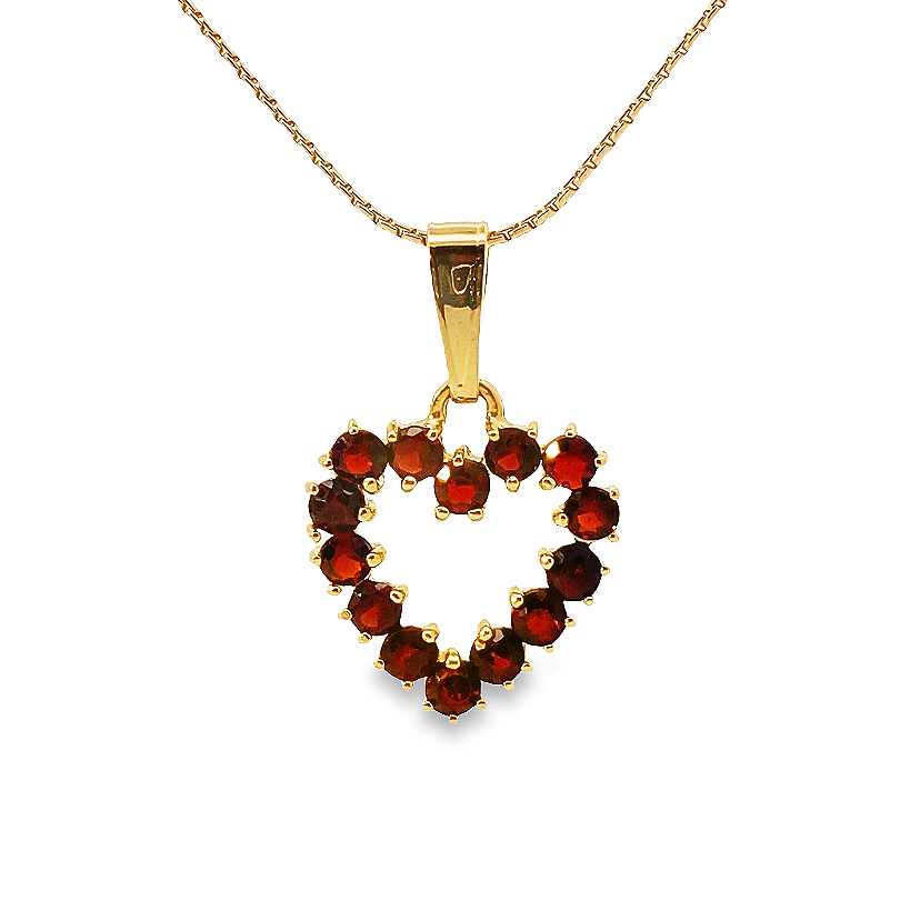 Estate 14K Yellow Gold Garnet Heart Pendant Necklace