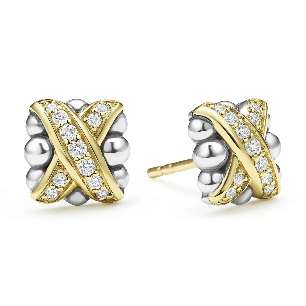 Lagos 18K and Sterling Silver Embrace X Stud Diamond Earrings