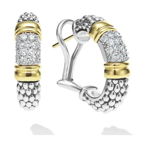 Lagos 18K & Sterling Silver Signature Caviar Diamond J-Hoop Earrings