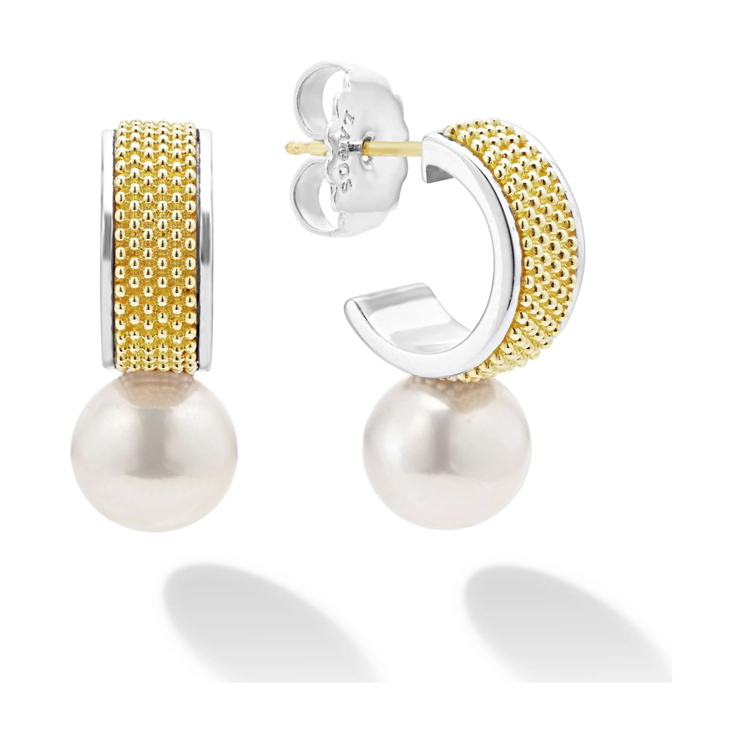 Lagos Sterling Silver & 18K Gold Luna Lux Pearl Half Hoop Earrings