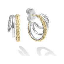 Load image into Gallery viewer, Lagos 18K &amp; Sterling Silver Signature Three Ring Diamond Hoop Earrings
