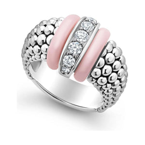 Lagos Sterling Silver Pink Caviar Diamond Station Wide Fashion Ring