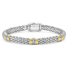 Load image into Gallery viewer, Lagos 18K and Sterling Silver Triple Diamond Station Caviar Bracelet
