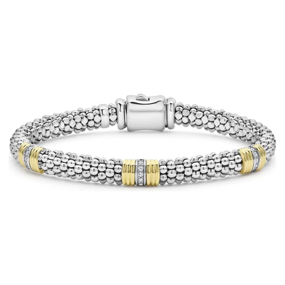 Lagos 18K and Sterling Silver Triple Diamond Station Caviar Bracelet