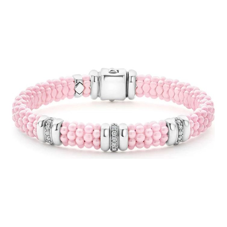 Lagos Sterling Silver Pink Caviar Ceramic Triple Diamond Station Bracelet