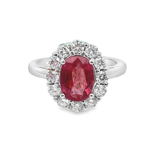 18K White Gold Ruby & Scalloped Diamond Halo Ring