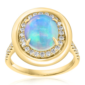 14K Yellow Gold Opal Diamond Halo & Polished Gold Frame Ring