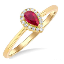 Load image into Gallery viewer, 10K Yellow Gold Ruby Pear and Diamond Halo Ring
