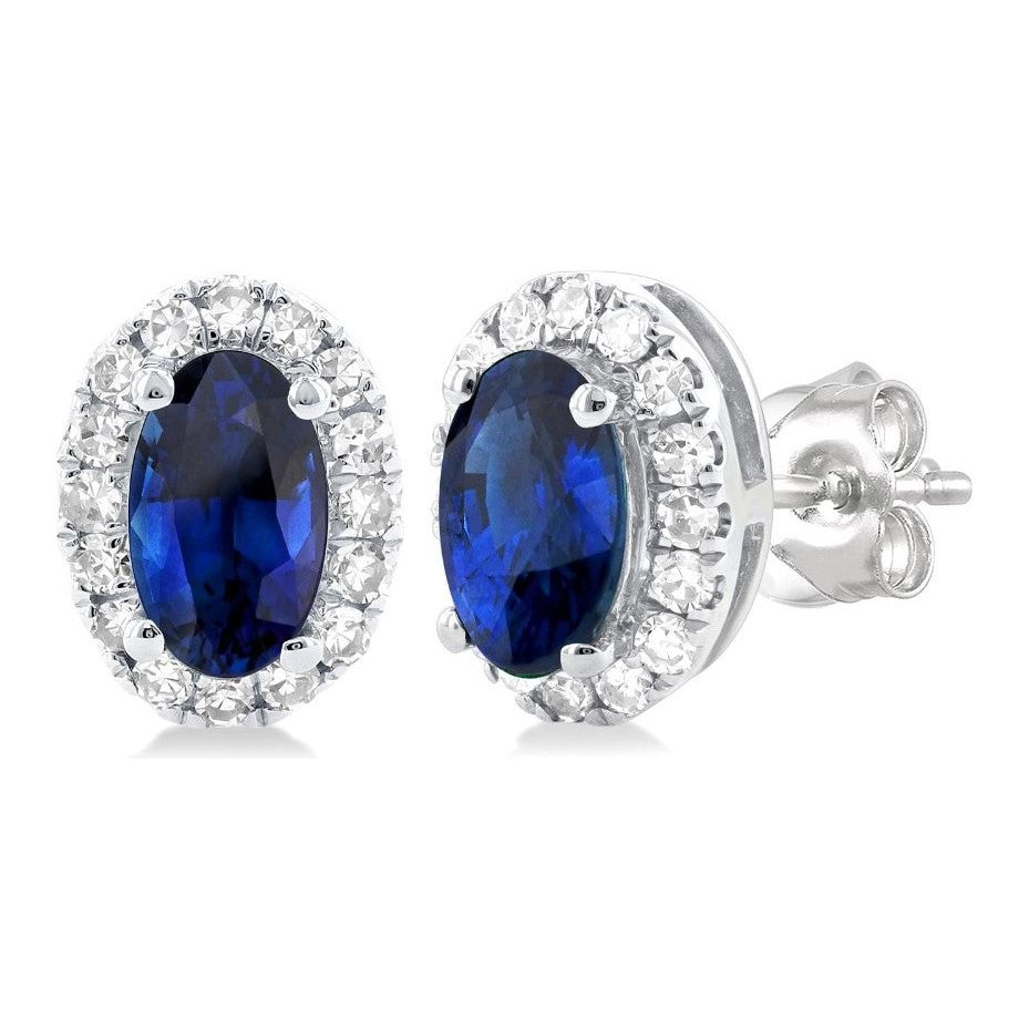 10K White Gold Oval Sapphire and Diamond Halo Stud Earrings