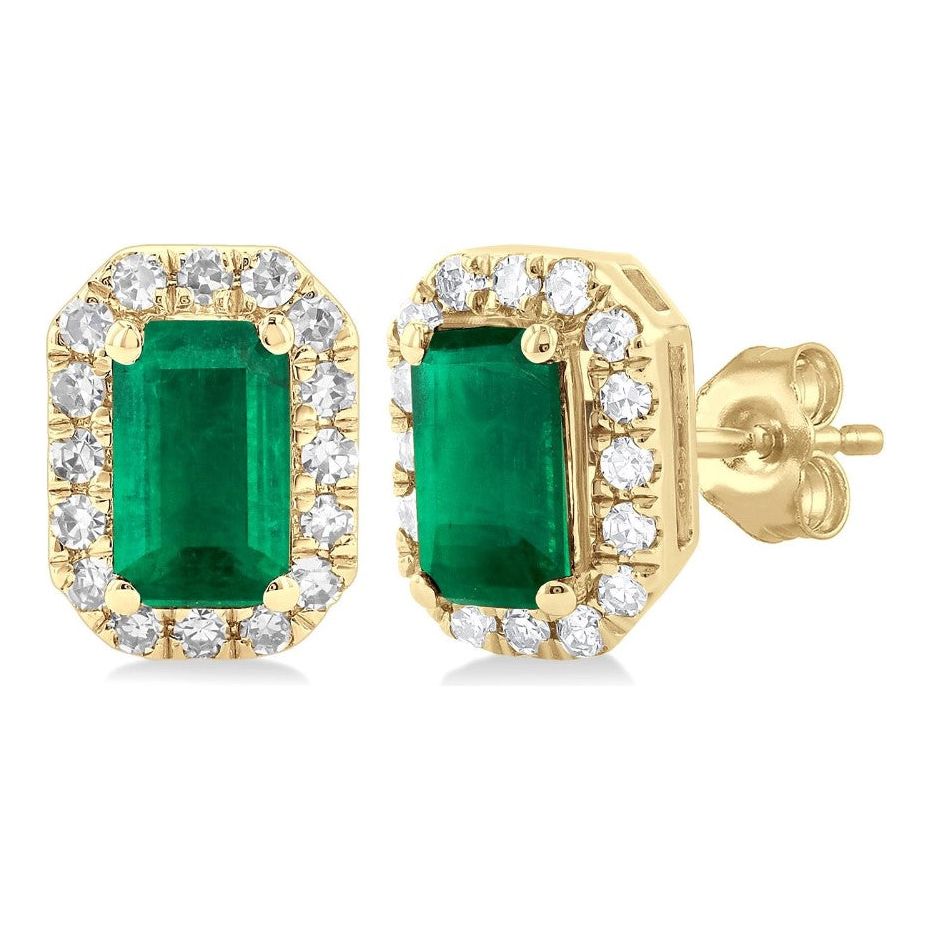 10K Yellow Gold Emerald and Diamond Halo Stud Earrings