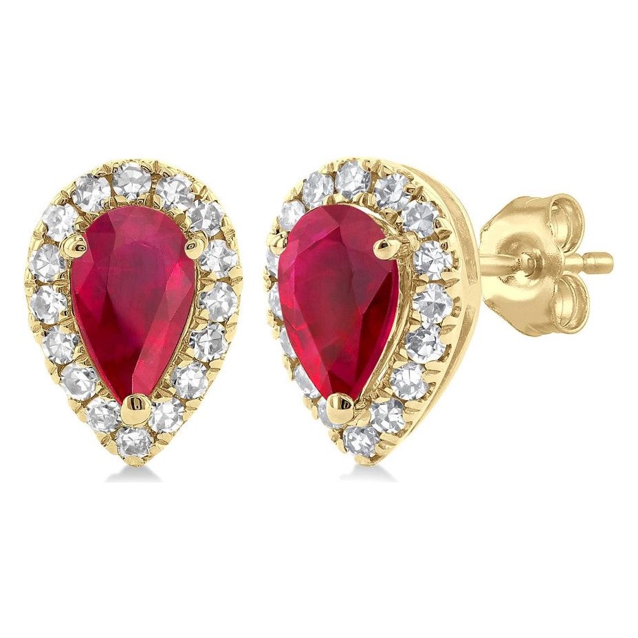 10K Yellow Gold Pear Ruby and Diamond Halo Stud Earrings
