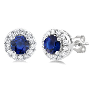 10K White Gold Round Sapphire and Diamond Halo Stud Earrings
