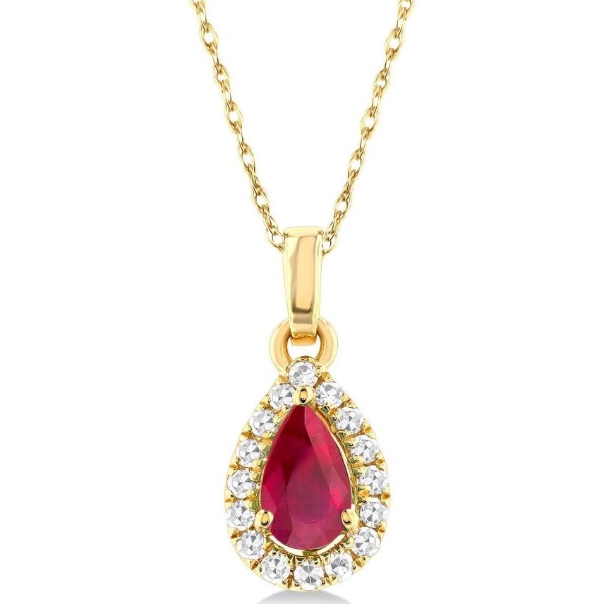 10K Yellow Gold Pear Ruby and Diamond Halo Pendant