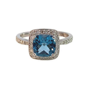 Estate 18K Blue Topaz & Diamond Halo Ring