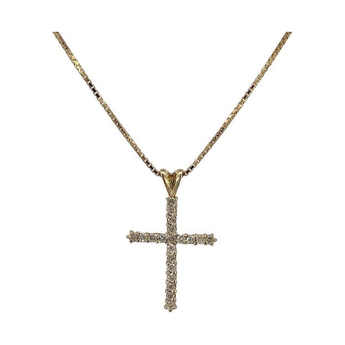 Estate 14k Yellow Gold Diamond Cross Pendant Necklace