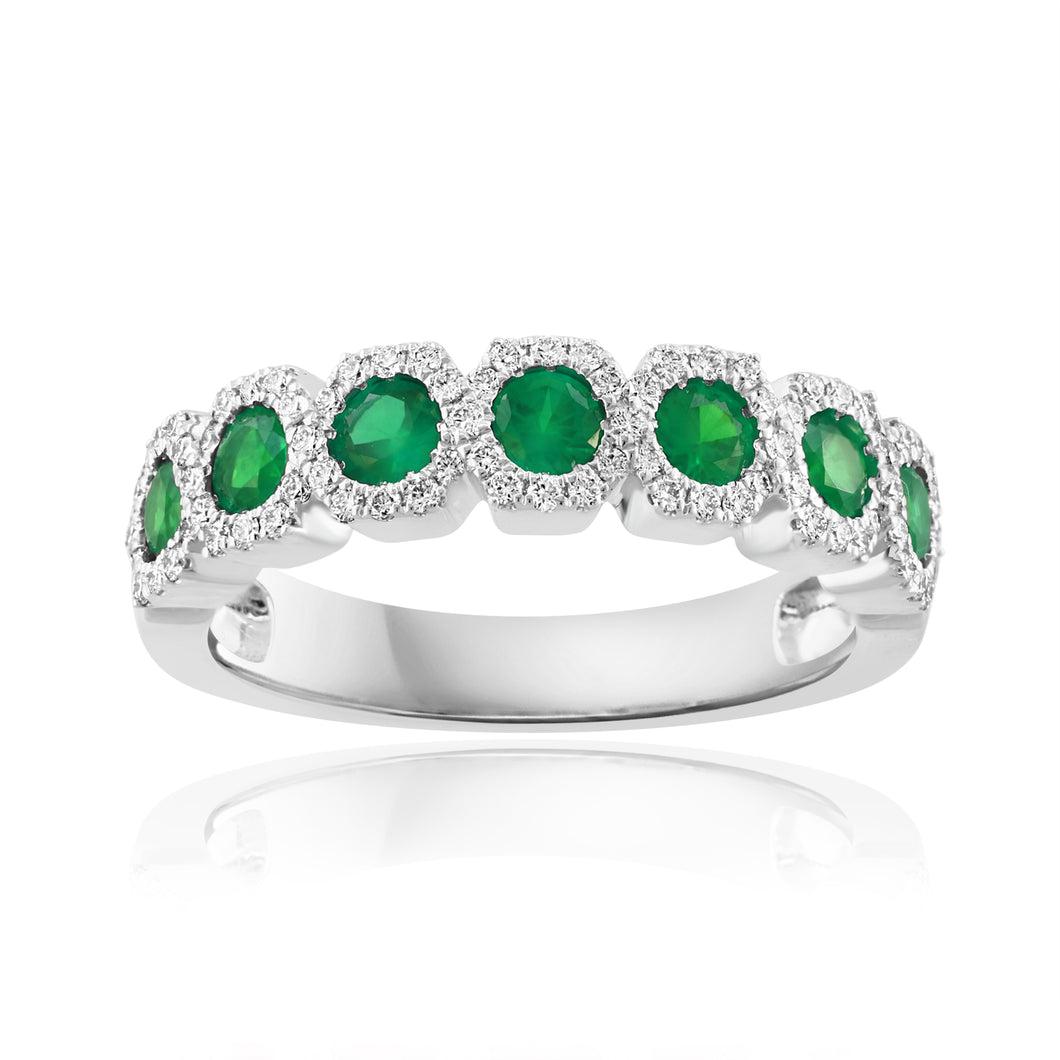 14K White Gold Emerald & Diamond Anniversary Band