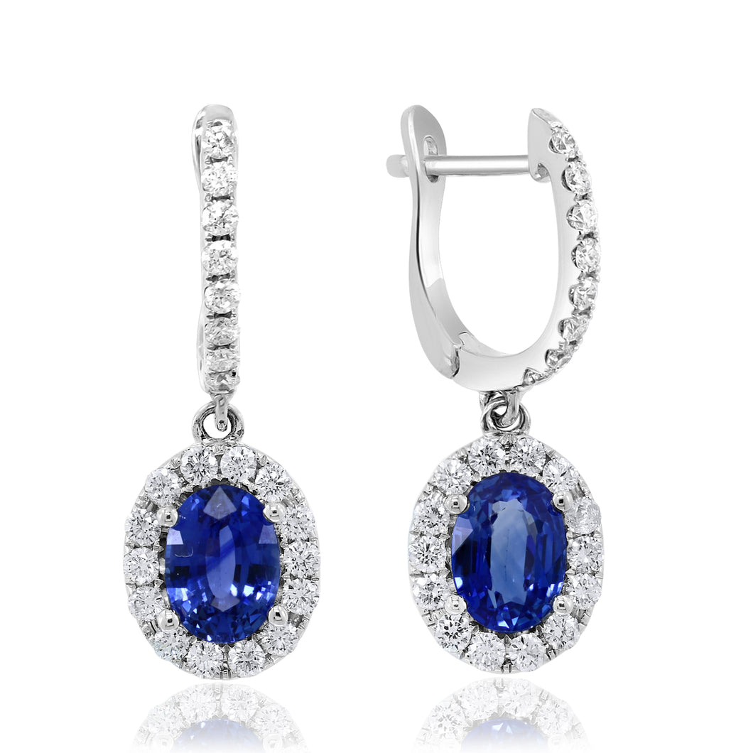 14K White Gold Oval Sapphire & Diamond Halo Dangle Earrings