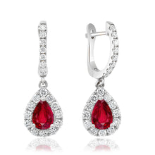 Load image into Gallery viewer, 14K White Gold Pear Gemstone &amp; Diamond Dangle Huggie Earrings
