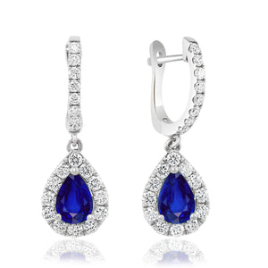 14K White Gold Pear Gemstone & Diamond Dangle Huggie Earrings