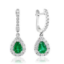 Load image into Gallery viewer, 14K White Gold Pear Gemstone &amp; Diamond Dangle Huggie Earrings
