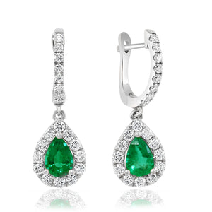 14K White Gold Pear Gemstone & Diamond Dangle Huggie Earrings