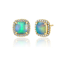 Load image into Gallery viewer, 14K Yellow Gold Opal &amp; Diamond Cushion Halo Studs
