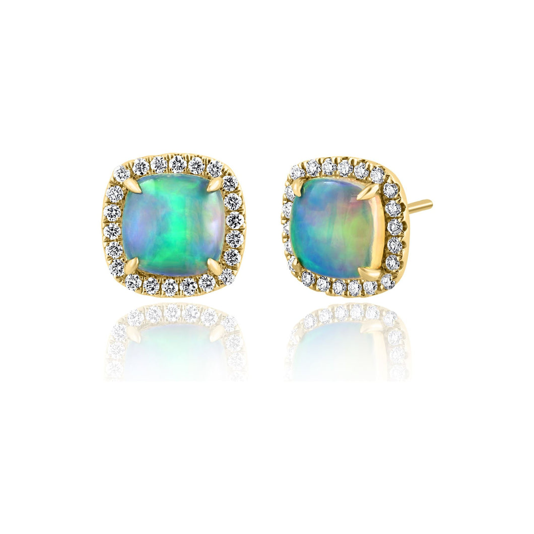 14K Yellow Gold Opal & Diamond Cushion Halo Studs