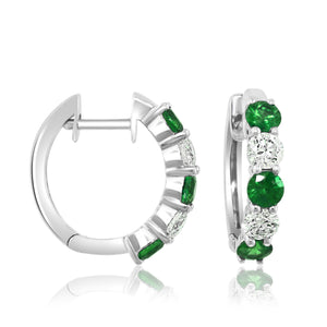 14K White Gold Alternating Emerald & Diamond Hoops