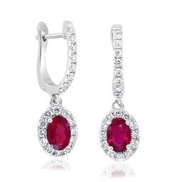 14K White Gold Oval Gemstone & Diamond Dangle Huggie Earrings