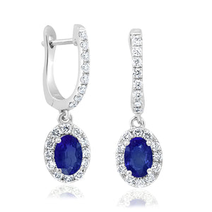 14K White Gold Oval Gemstone & Diamond Dangle Huggie Earrings