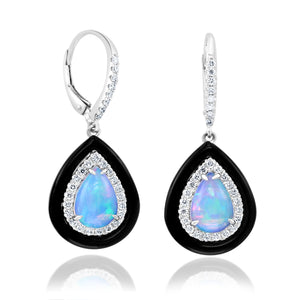 14K White Gold Opal & Diamond Black Frame Pear Dangle Earrings