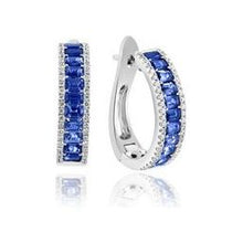 Load image into Gallery viewer, 14K White Gold Baguette Sapphire &amp; Diamond Hoops

