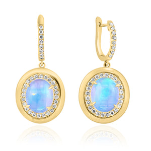 14K Gold Opal & Diamond Polished Frame Oval Dangle Earrings