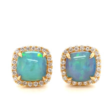 Load image into Gallery viewer, 14K Yellow Gold Opal &amp; Diamond Cushion Halo Studs
