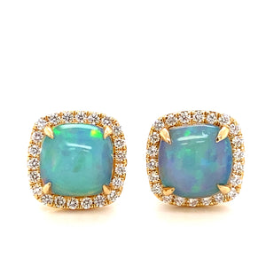 14K Yellow Gold Opal & Diamond Cushion Halo Studs