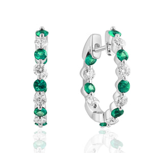 14K White Gold Alternating Emerald & Diamond Inside Out Hoops