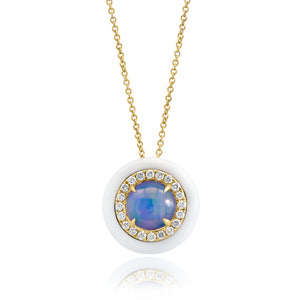 14K Gold Opal & Diamond Halo White Frame Pendant