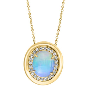 14K Opal & Diamond Halo Polished Gold Frame Oval Pendant