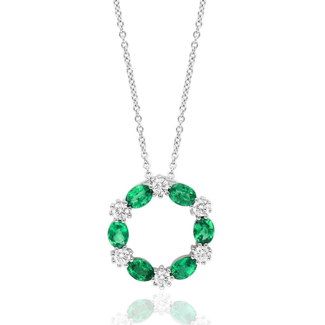 14K White Gold Emerald & Diamond Open Circle Pendant