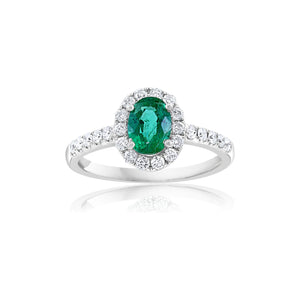 14K White Gold Emerald & Diamond Halo Ring