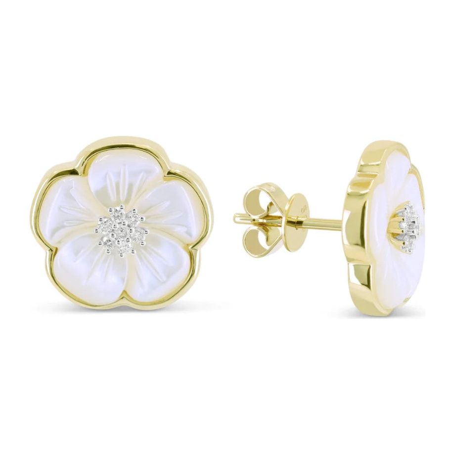 14k Yellow Gold Diamond & Mother of Pearl Flower Stud Earrings