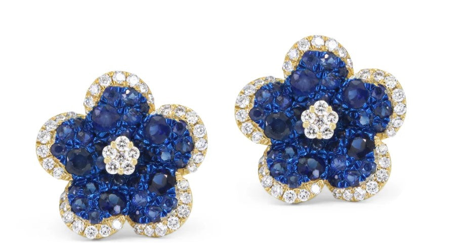 14K Yellow Gold Blue Sapphire Flower Studs